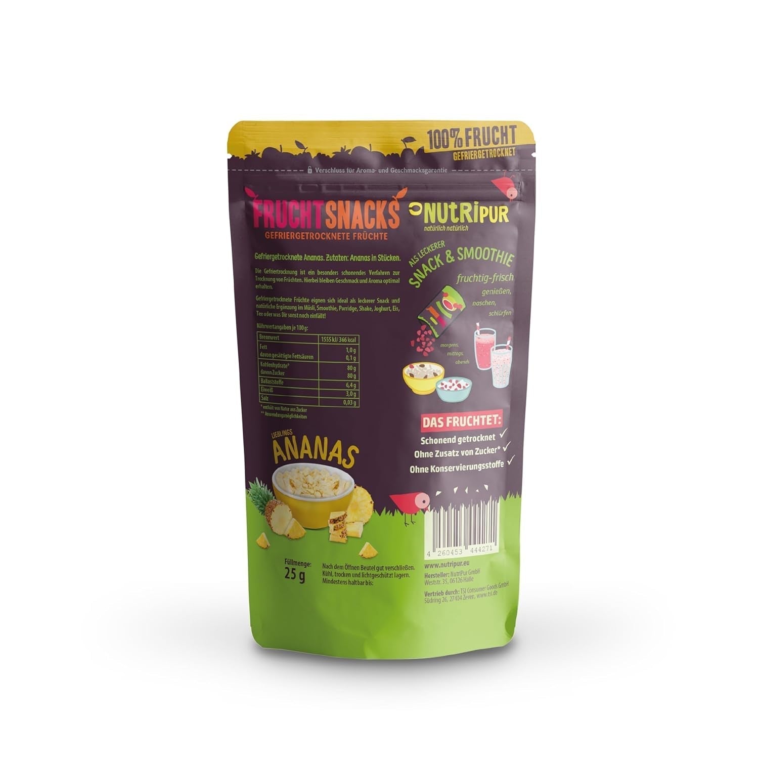 Frystorkad ananas BITS 100g stora bitar till smoothie bowls, müsli, gröt topping - frystorkad frukt utan tillsatt socker - torkad ananas - frukt från NutriPur Dehydrerade produkter Naty Shop