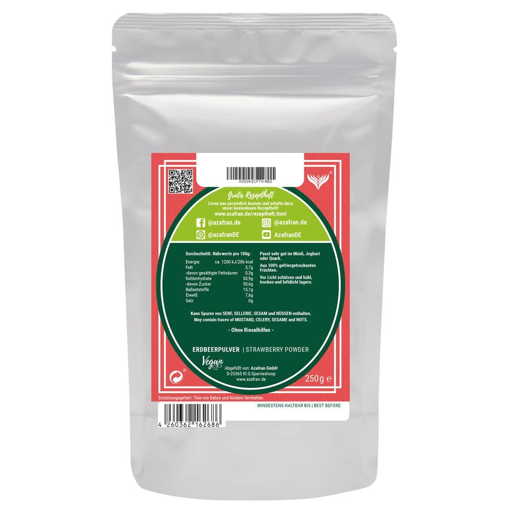 Azafran jordgubbspulver, frystorkade (malda) jordgubbar, jordgubbspulver 250g Dehydrerade produkter Naty Shop