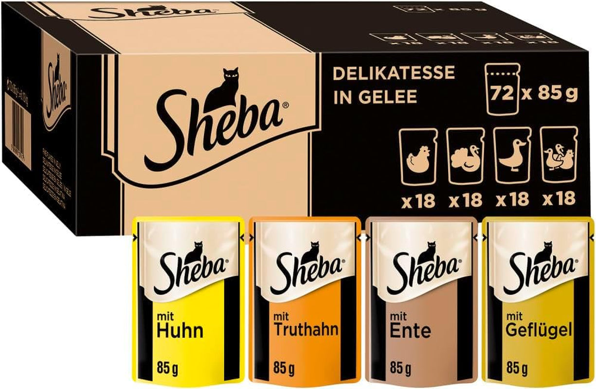 SHEBA Våtmat för katter - 72 påsar x 85 g - Fjäderfäsort i gelé - Våt kattmat - 1 stor förpackning