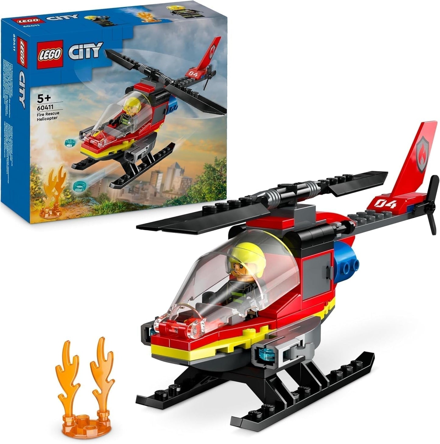LEGO City Fire Brigade Helikopter, helikopterleksaksset och pilotfigur, brandhelikopter för en fantasifull lekupplevelse, present till barn, pojkar och flickor från 5 år 60411 Byggset Besuche den LEGO-Store Singur