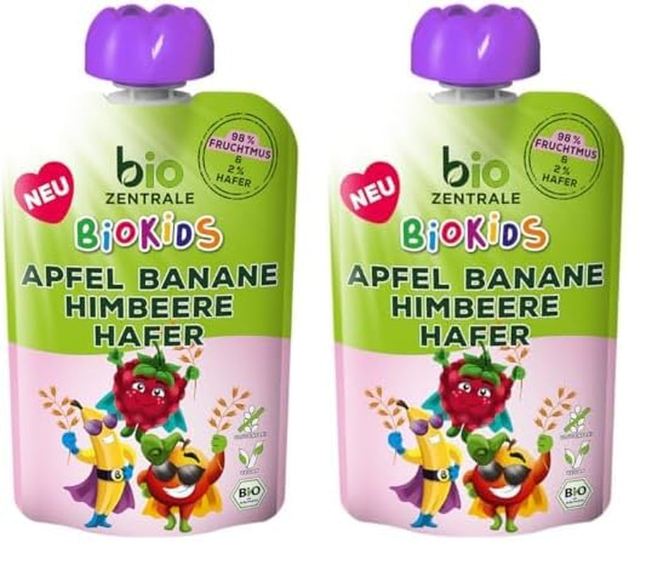 biocentral BioKids Fruktpuré Äpple Banan Hallon Havre | 12 x 90g | Fruktigt mellanmål utan tillsatt socker | Vegansk (paket med 2)