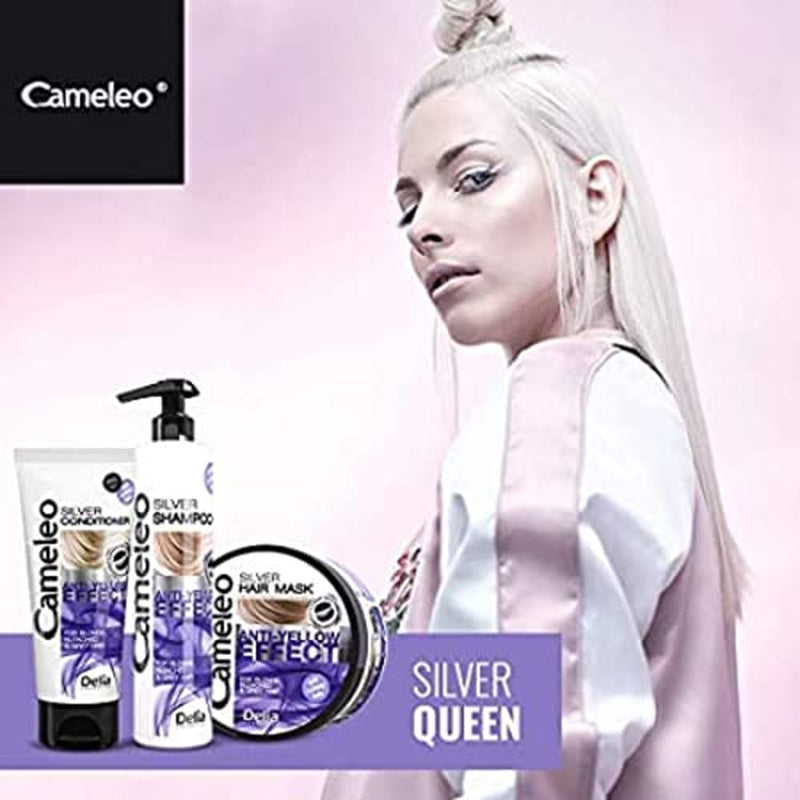 Cameleo - Silverfärgningsmask - Ingen gul effekt - Violettbehandling och färgskydd för blont, grått, vitt hår - Platinanyanser - UV-skydd - Parabenfri - 200 ml Naty Shop hårmask