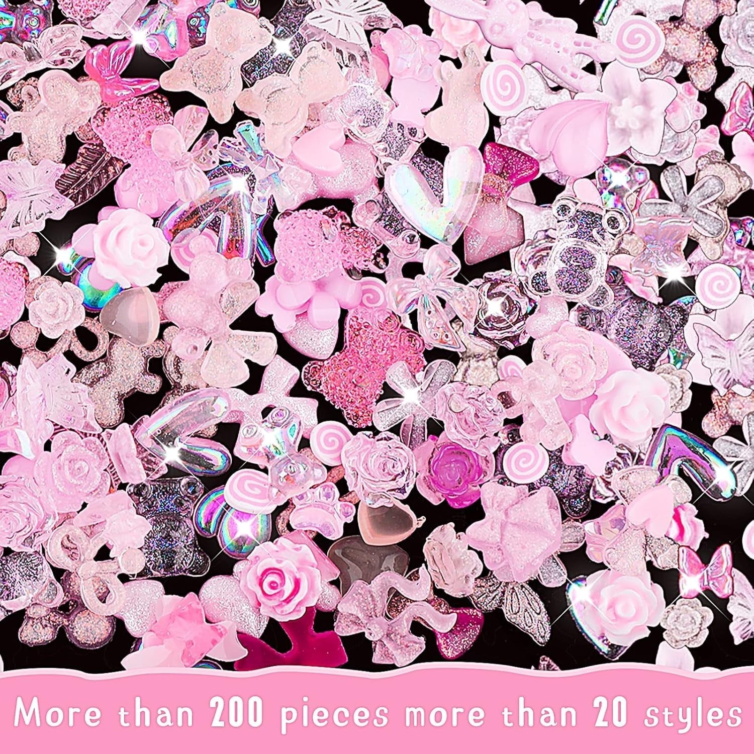 200 bitar Nail Art Charms 3D Nail Art dekorationsset Rosett Nagelhänge Rosa blandad stil Rosett Blomma Nalle Lollipop Hjärtaform Nagelkonstdekoration DIY Craft Nageldesign