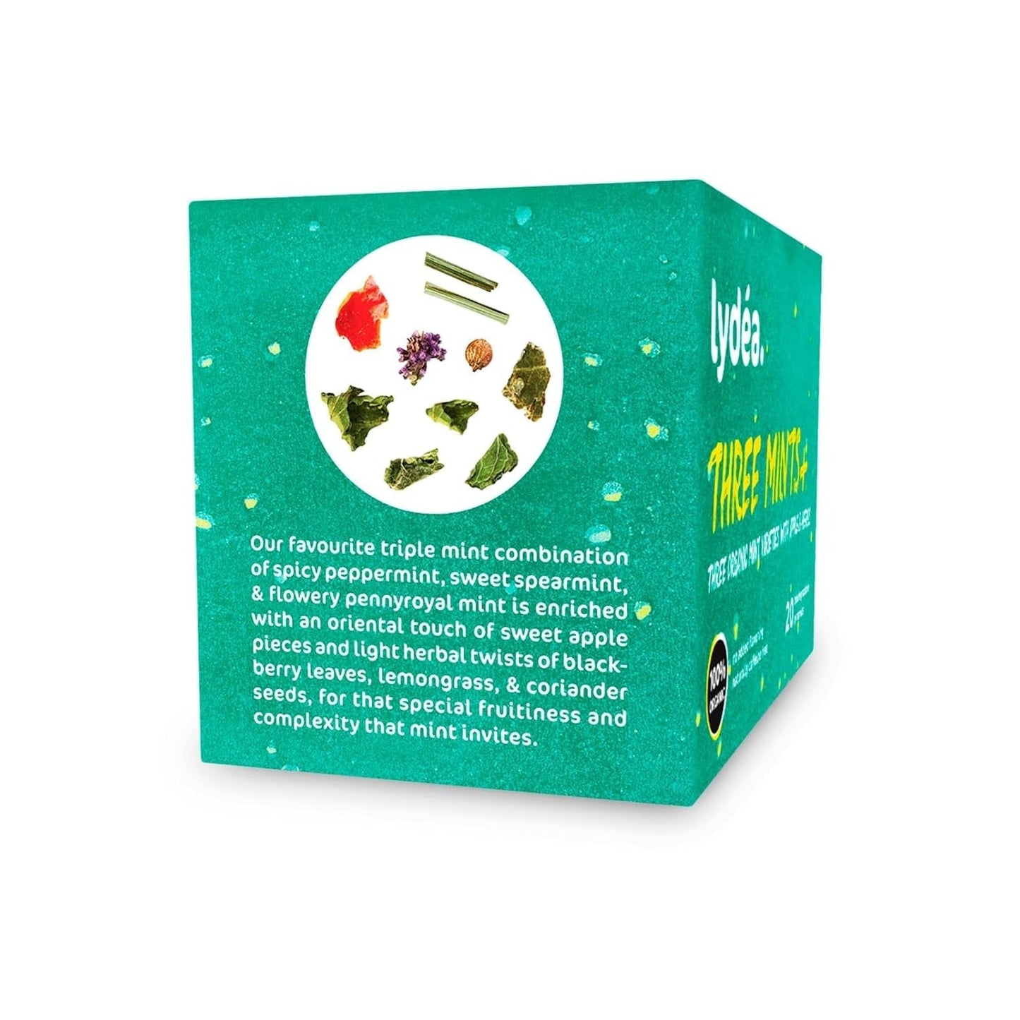 Lydea Three Mints+ ekologiskt örtte med tre sortiment av mynta, äpplen och örter, 60 pyramider, 3-pack [3 x 20 pyramider]