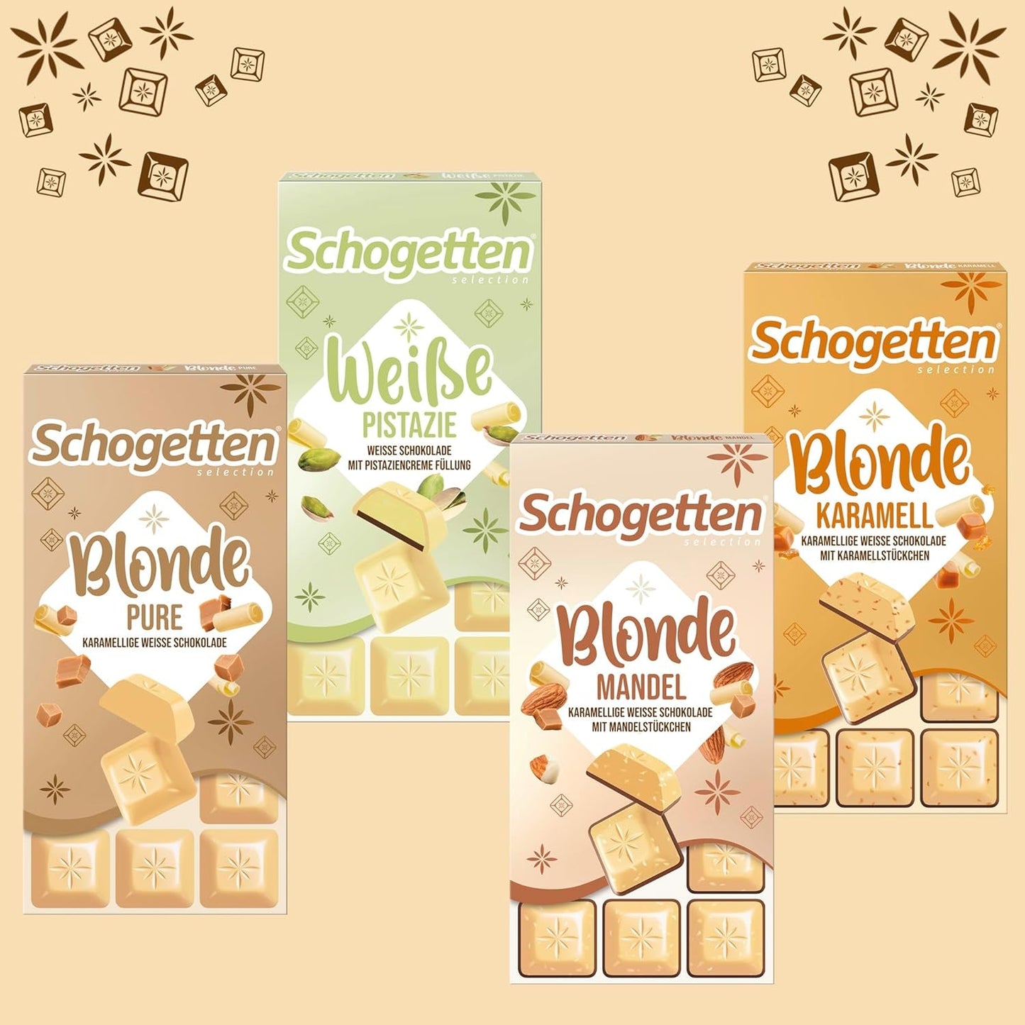 Schogetten Blond Caramel | Karamell med vit choklad och kola bitar | Chokladkaka 100g | Bekvämt portionerad