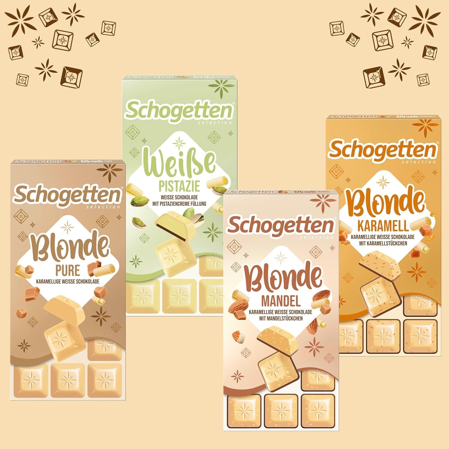 Schogetten Blond Caramel | Karamell med vit choklad och kola bitar | Chokladkaka 100g | Bekvämt portionerad