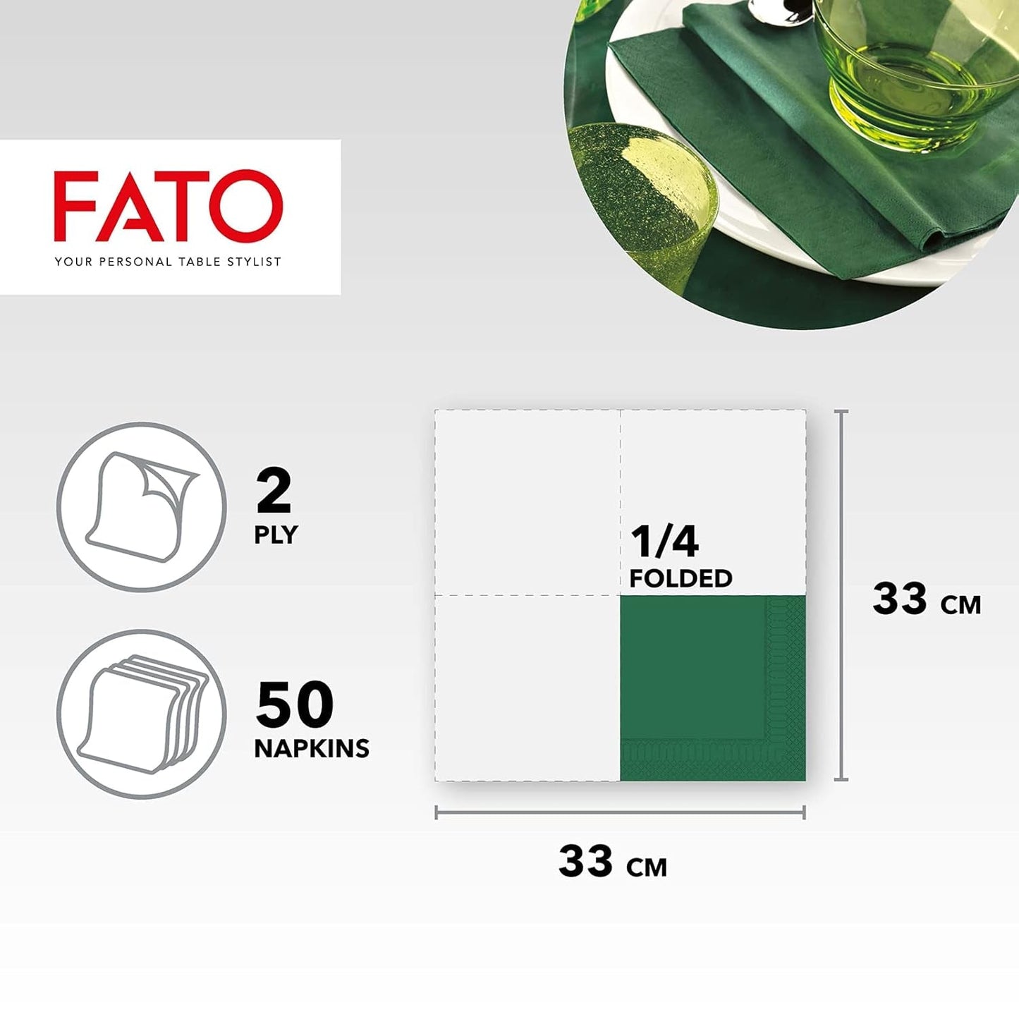 , Engångspappersservetter, idealiska för vardagliga luncher och bufféer, paket med 50 servetter, storlek 33X33, 4-vikt, 2-lager, skogsgrönt, 100 % rent cellulosapapper, Fsc-certifierat