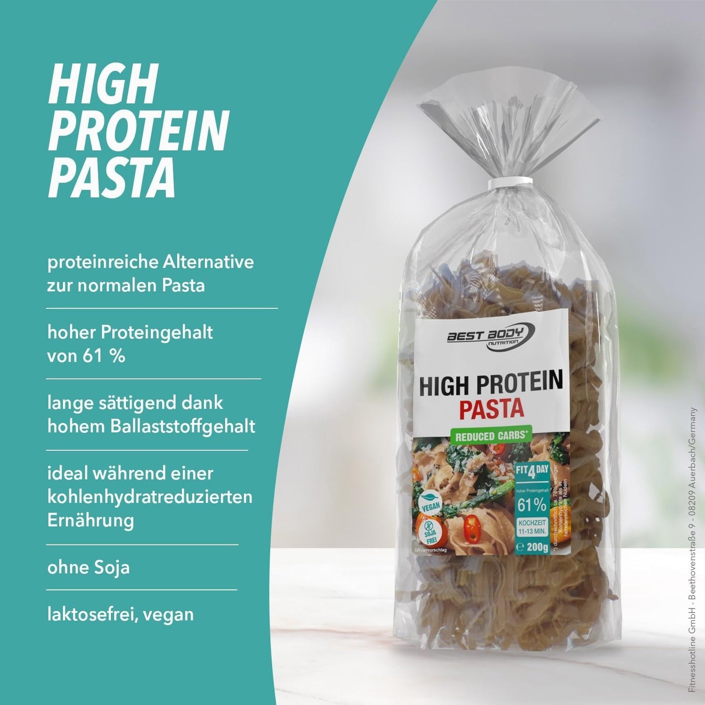 Best Body Nutrition Protein Pasta 6 x 200 g - Fit4Day High Protein Tagliatelle - 61% Protein, Low Carb, Vegan & Laktosfri, Sojafri - Högkvalitativt ärtprotein - För lågkolhydratdieter