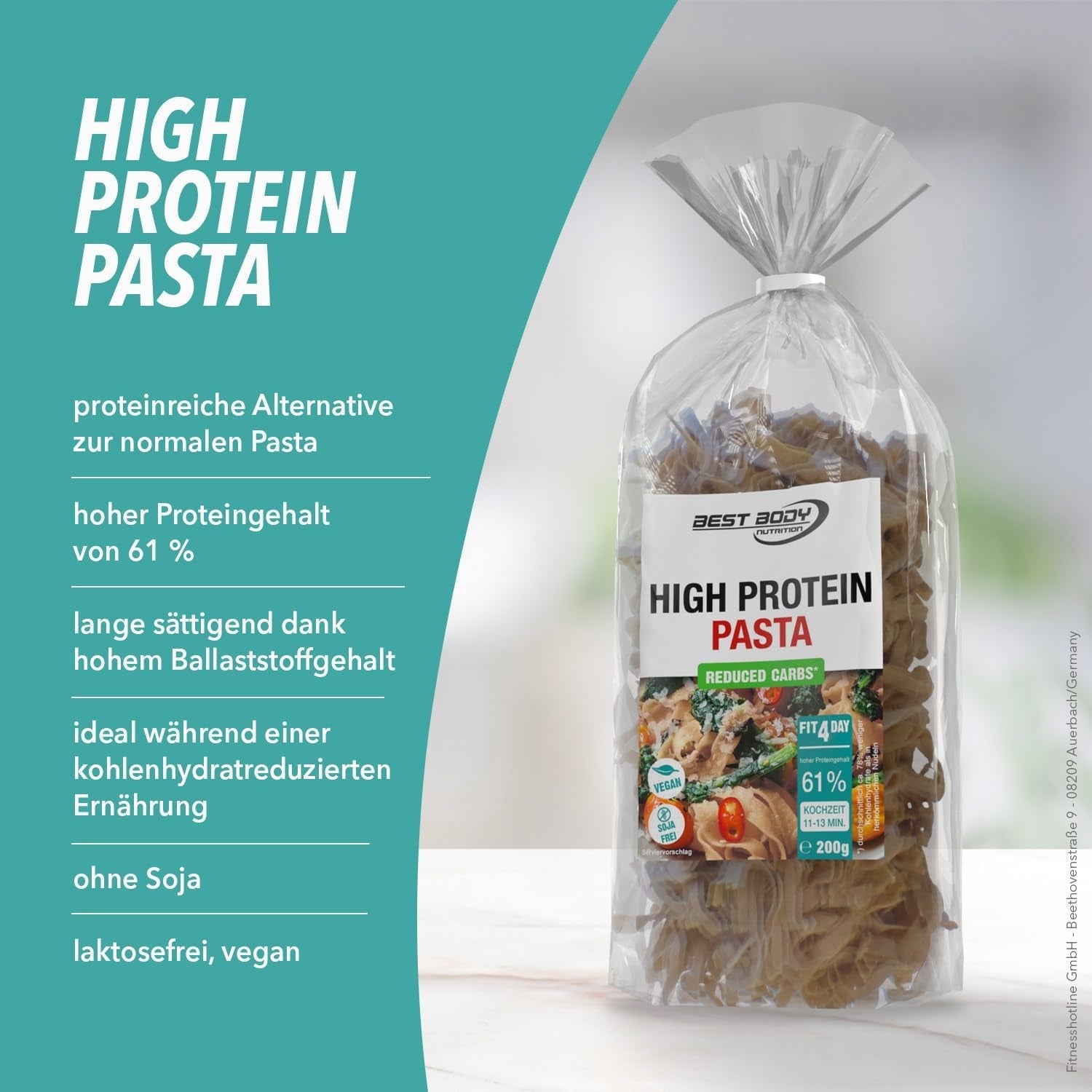 Best Body Nutrition Protein Pasta 6 x 200 g - Fit4Day High Protein Tagliatelle - 61% Protein, Low Carb, Vegan & Laktosfri, Sojafri - Högkvalitativt ärtprotein - För lågkolhydratdieter