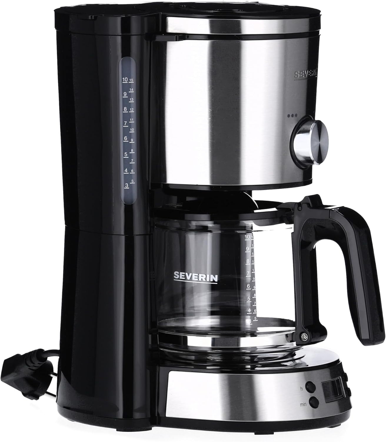 SEVERIN "TypeSwitch" espressomaskin med glaskaraff och timer, AromaSwitch för att välja 2 bryggalternativ, digital klocka med timerfunktion, för upp till 10 koppar, 1000W, borstat rostfritt stål-svart, KA 4826