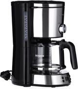 SEVERIN "TypeSwitch" espressomaskin med glaskaraff och timer, AromaSwitch för att välja 2 bryggalternativ, digital klocka med timerfunktion, för upp till 10 koppar, 1000W, borstat rostfritt stål-svart, KA 4826