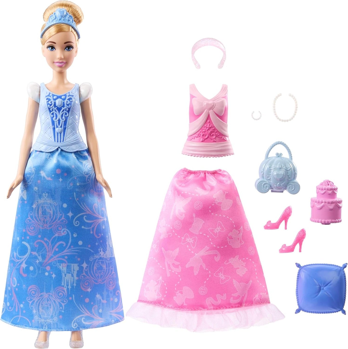Mattel Disney Princess Toys Cinderella modedocka med 2 outfits, 9 accessoarer, 2 toppar med clips och 2 kjolar. 2 i 1 berättelser inspirerade av Disney-filmen, JCR95