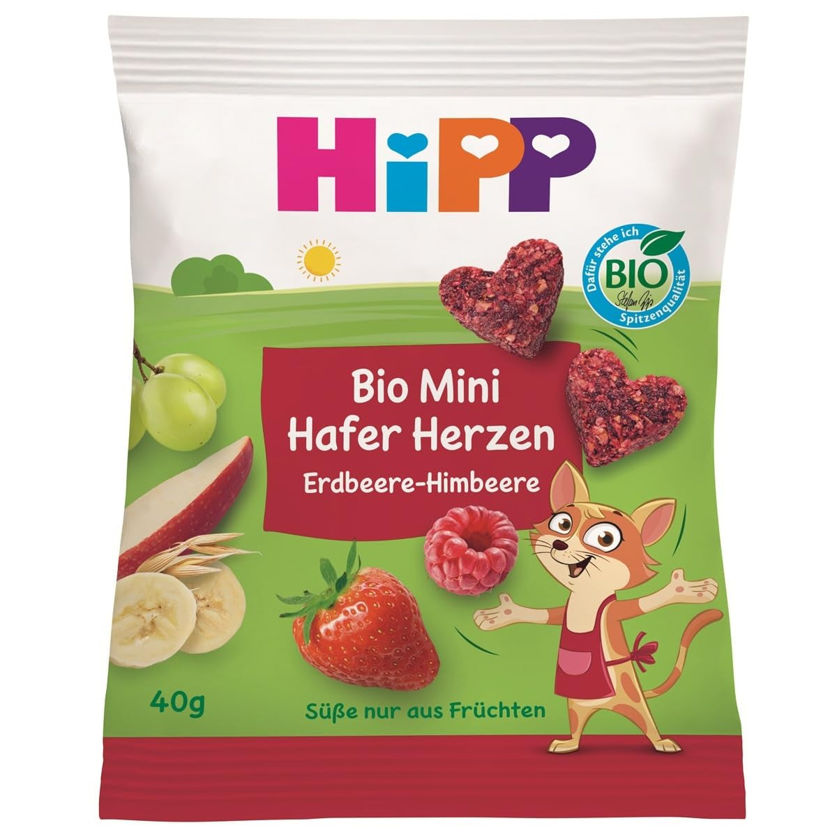 HiPP Mini Jordgubbs-hallonhavrehjärtan (12 x 40g), från 1 år, ekologisk hjärtformad snackbar, rik på spannmål och fibrer, sötad endast från frukt, av bästa ekologiska kvalitet