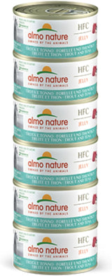 Almo Nature HFC Jelly - Våtfoder för vuxna katter - Öring och tonfisk - Mänsklig kvalitet, Glutenfri - 6 x 70g