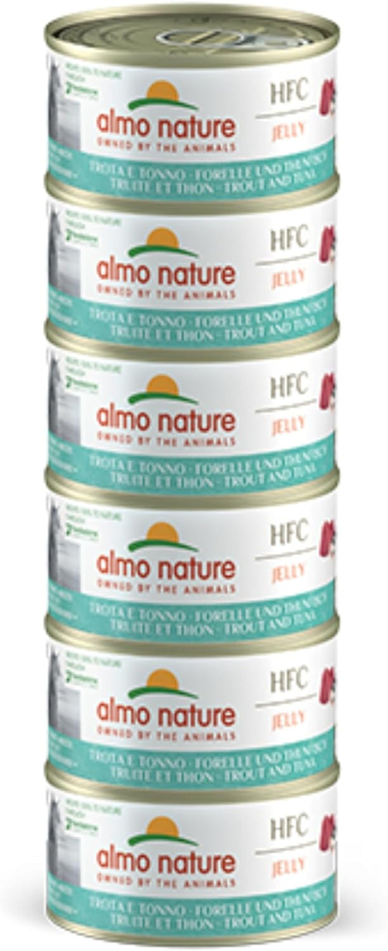 Almo Nature HFC Jelly - Våtfoder för vuxna katter - Öring och tonfisk - Mänsklig kvalitet, Glutenfri - 6 x 70g