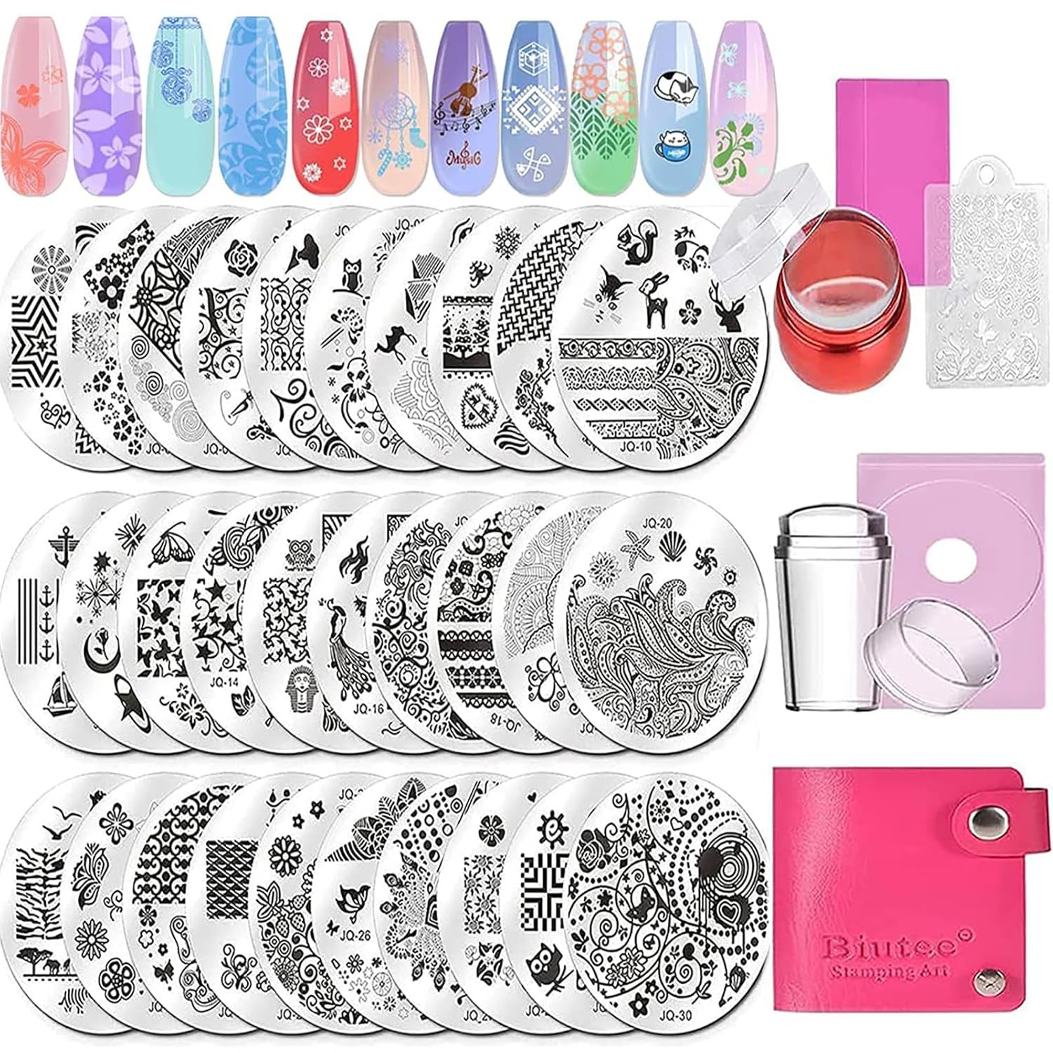 Biutee Nagelstämpel 30 delar Nagelstämpel Set Nagelmall Nagelstämpling Djur Blommor Bilder Nagelstämpelplatta med 2 stämplar 2 skrapor Nageldesign Tillbehör Fransk nagelstämpel