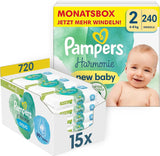 Harmonie Babyblöjeset Storlek 2 (4-8 kg, 240 stycken) MÅNADSBOX och Harmonie Aqua Baby Wet Wipes Box 720 Wipes (15 x 48), Baby Essentials