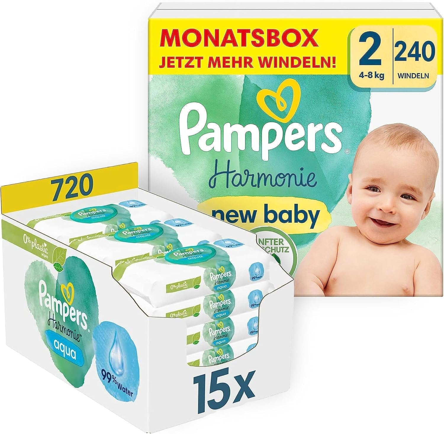 Harmonie Babyblöjeset Storlek 2 (4-8 kg, 240 stycken) MÅNADSBOX och Harmonie Aqua Baby Wet Wipes Box 720 Wipes (15 x 48), Baby Essentials