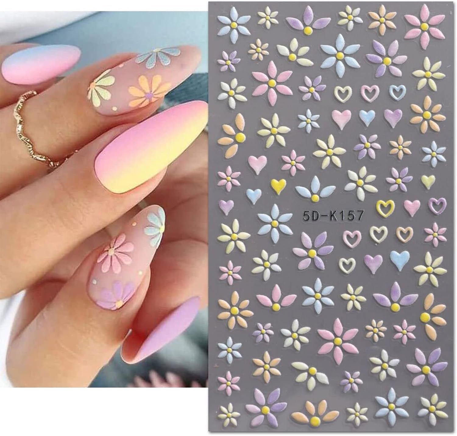 JMEOWIO 3D Nagelsticker Blume Frühlings Nail Art Sticker Selbstklebend Nagelaufkleber 5D Stereoskopisk Sommer Bunter Blumen Dekoration Nageldesign Zubehör 4 Blatt