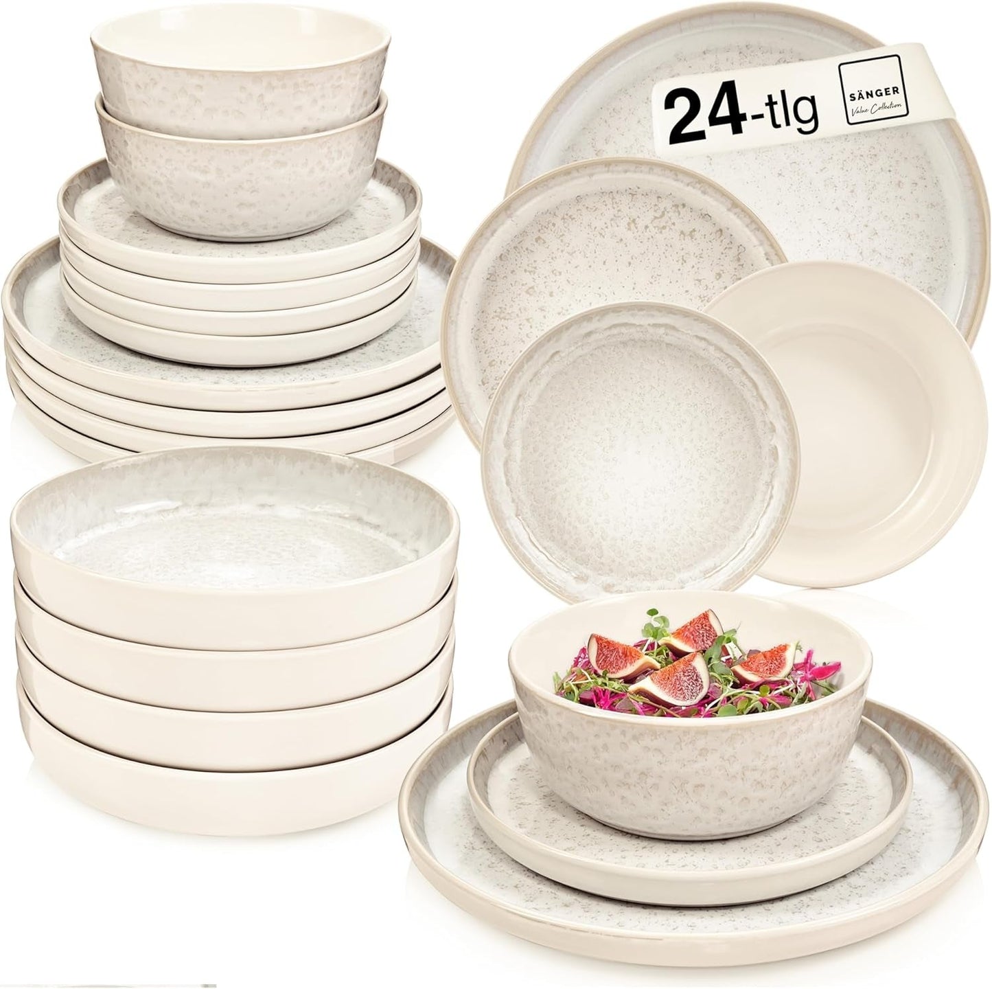 SÄNGER Key West | Stengods servisset 24-delat mattallrik set för 6 6 middagstallrikar spannmålsskålar Desserttallrikar Pasta skålar Cream serviser med sandig textur | VÄRDESAMLING