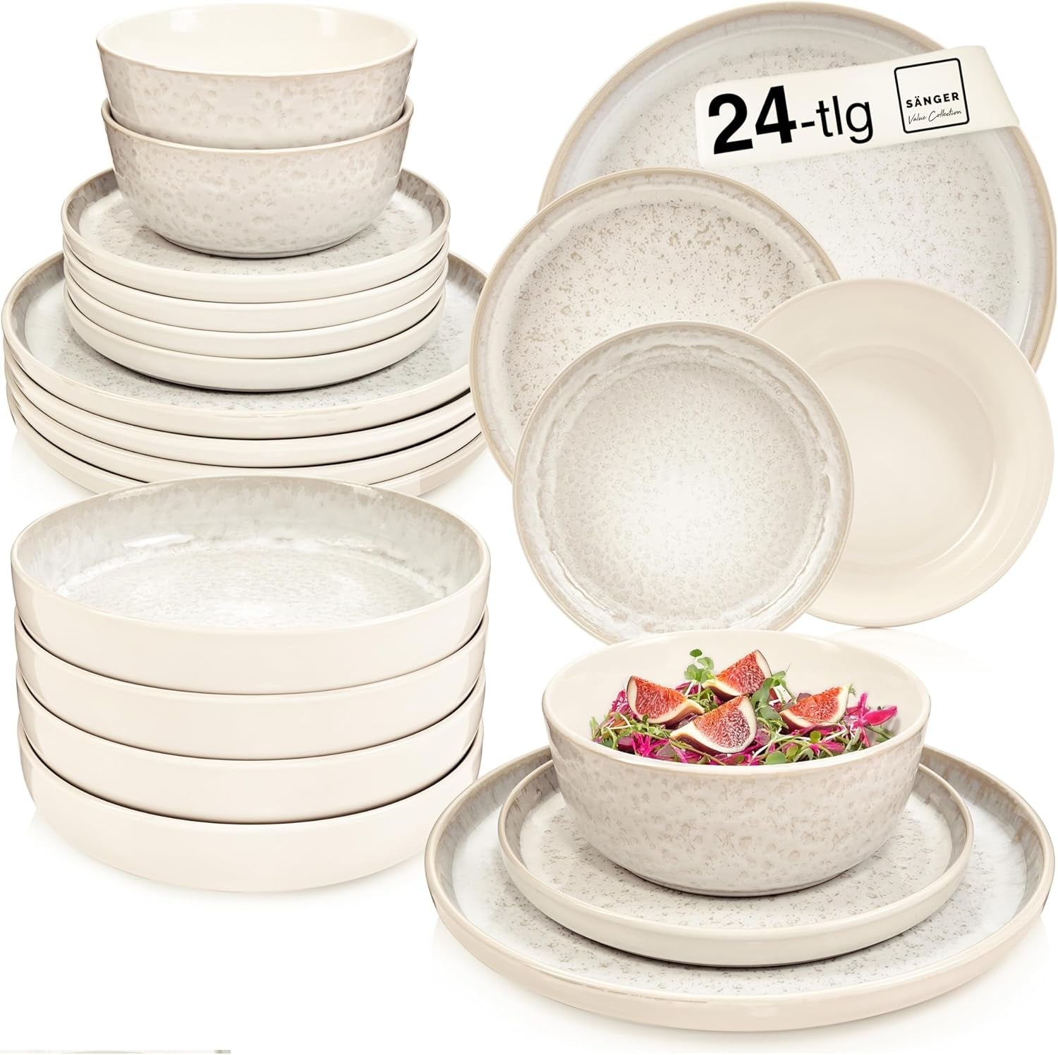 SÄNGER Key West | Stengods servisset 24-delat mattallrik set för 6 6 middagstallrikar spannmålsskålar Desserttallrikar Pasta skålar Cream serviser med sandig textur | VÄRDESAMLING