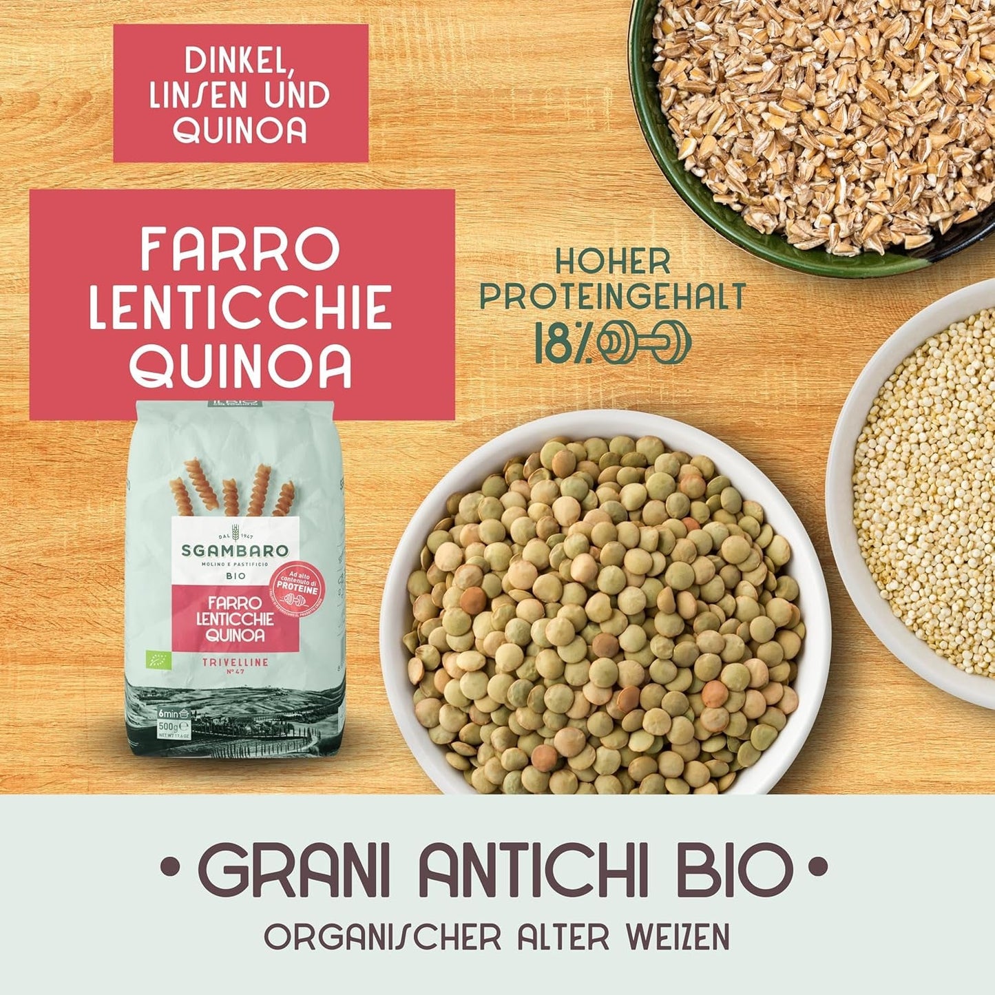 Ekologisk pasta Trivelline N.47 - 500g med dinkelmjöl, linsmjöl och quinoamjöl - Rik på protein, källa till fiber och protein