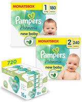 Harmonie Aqua Babyblöjset storlek 1 (2-5 kg, 180 st), storlek 2 (4-8 kg, 240 st), Half Moon Box och Aqua Baby Wipes, 720 Wipes (15 x 48), Baby Starter Kit