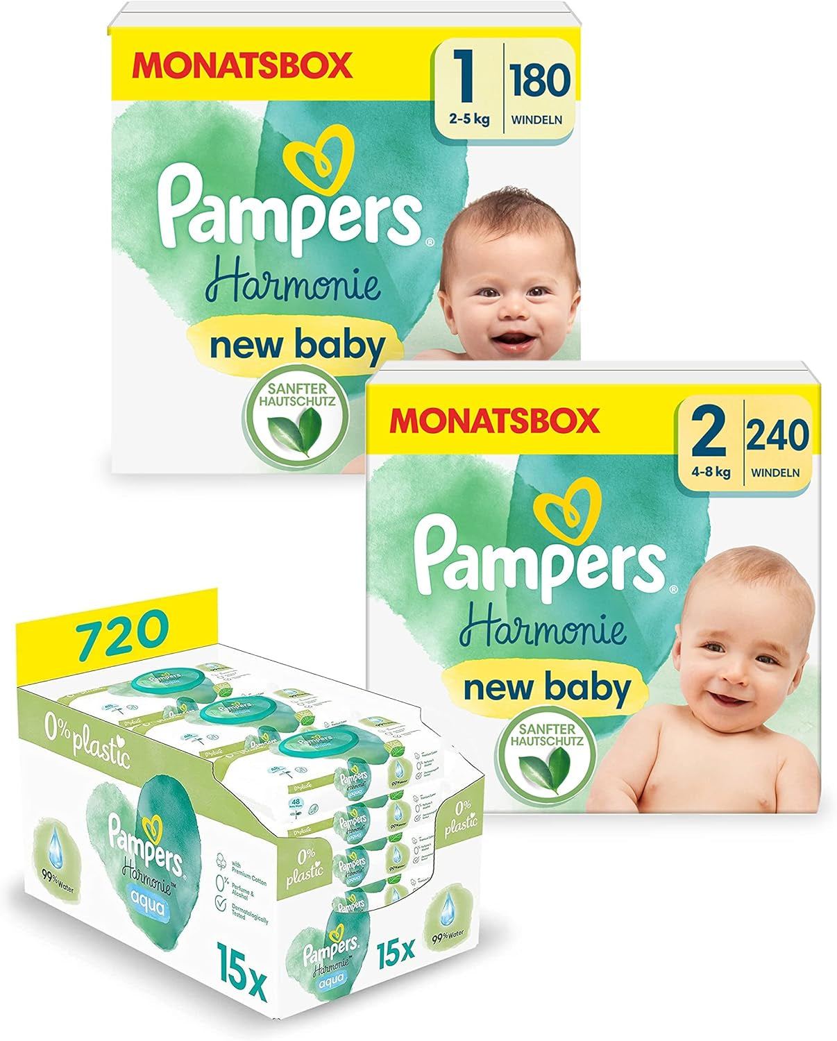 Harmonie Aqua Babyblöjset storlek 1 (2-5 kg, 180 st), storlek 2 (4-8 kg, 240 st), Half Moon Box och Aqua Baby Wipes, 720 Wipes (15 x 48), Baby Starter Kit