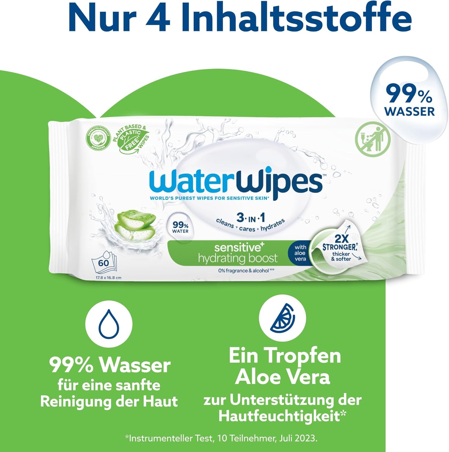 WaterWipes Sensitive+ Hydrating Boost våtservetter, hydratiserande våtservetter, 360 delar (6-pack), 3 i 1 rengöring, vård, hydrat, 99 % aloe vera-vatten, oparfymerade babyservetter