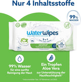 WaterWipes Sensitive+ Hydrating Boost våtservetter, hydratiserande våtservetter, 360 delar (6-pack), 3 i 1 rengöring, vård, hydrat, 99 % aloe vera-vatten, oparfymerade babyservetter