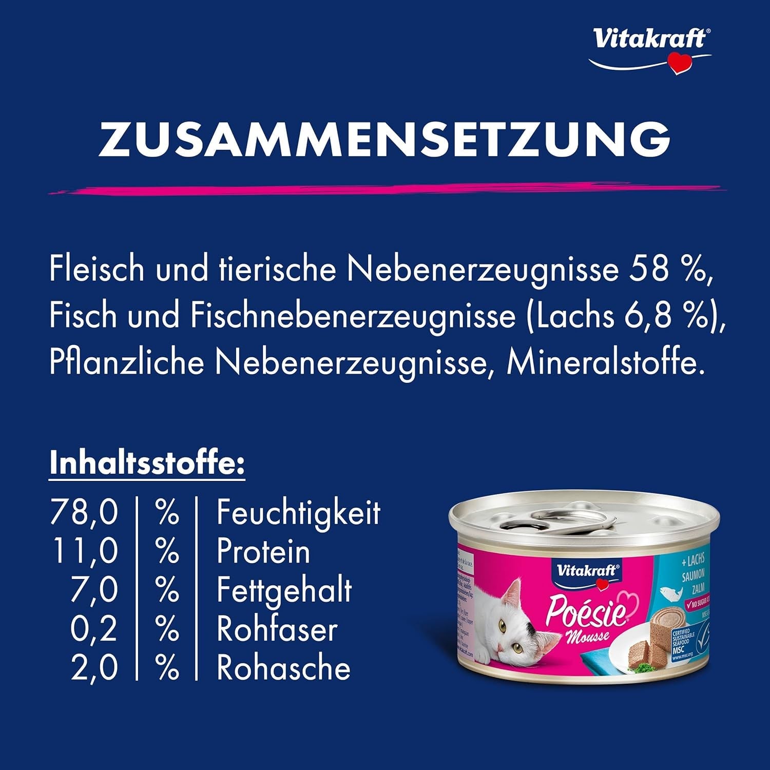Vitakraft Poésie Mousse, våt kattmat, luftigt skum, med lax, utan tillsatt socker eller spannmål (12 x 85g)