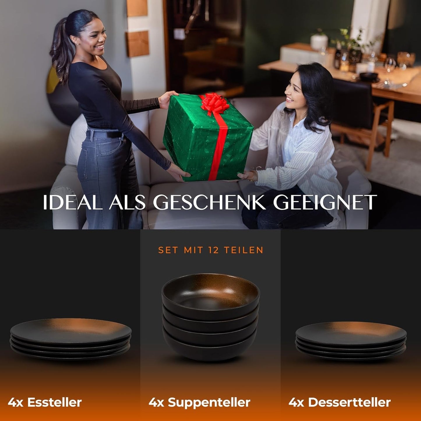 12-delat servisset i stengods - Prairie Line - Elegant design i bruna/svarta toner, set med 4 middagstallrikar, 4 desserttallrikar och 4 middagstallrikar/premiumkollektion