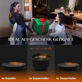 12-delat servisset i stengods - Prairie Line - Elegant design i bruna/svarta toner, set med 4 middagstallrikar, 4 desserttallrikar och 4 middagstallrikar/premiumkollektion