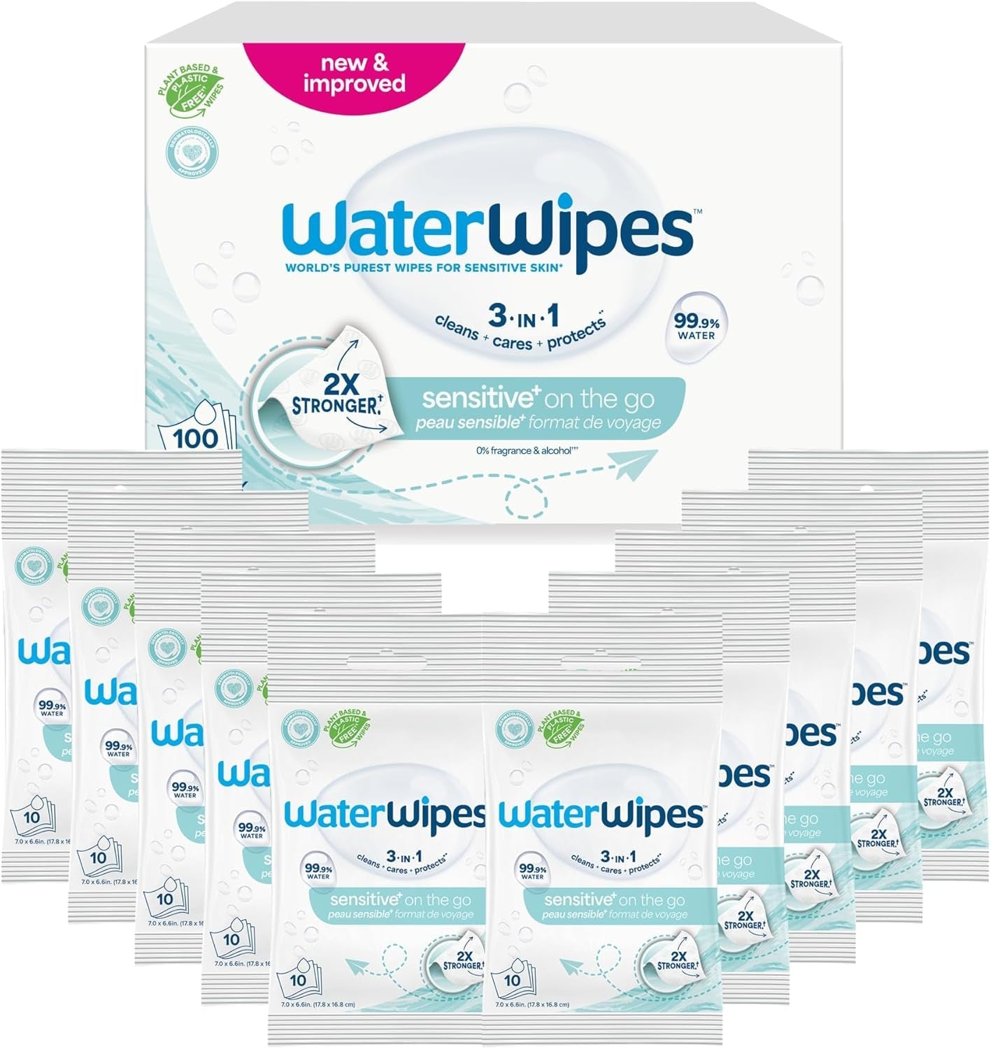 WaterWipes Sensitive+ On The Go våtservetter, 100 våtservetter (10-pack), 3 i 1 rengöringar, vårdar, skyddar, 99,9 % vatten, parfymfria våtservetter