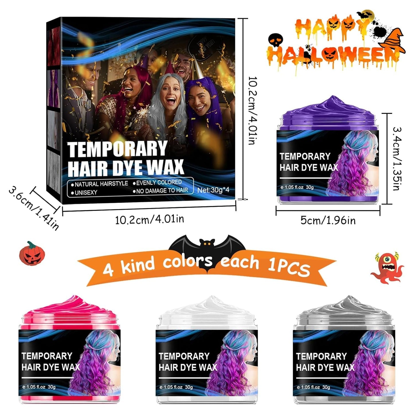 Halloween Temporary Hårfärgning 4 färger Hårfärg Vaxstyling Hårton för män Kvinnor Halloween Cosplay Party Hårfärgning Naty Shop