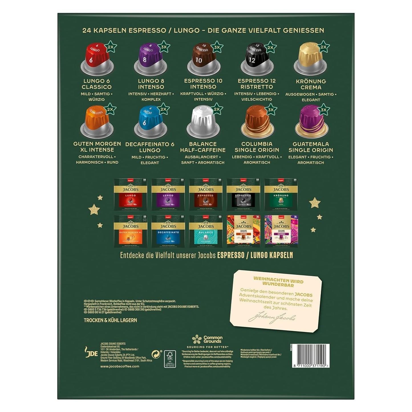 Jacobs Kapsel Adventskalender, 24 Espresso/Lungo Kapseln, Nespresso* kompatibel Kaffee Kapseln, 24 Kapseln
