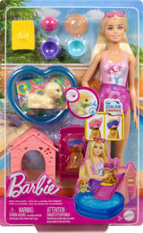 Barbie Puppy Pool Party-lekset med modedocka, hundhus och rutschkana, hjärtpool, 2 hundfigurer, 6 tillbehör och färgväxlare, JBF35