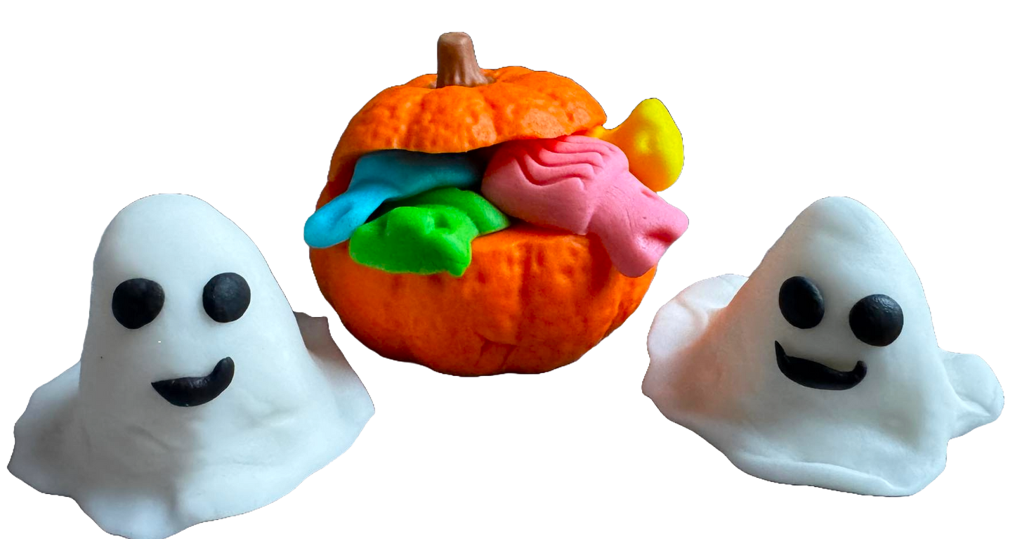 Set med 3 ätbara sugarpaste-dekorationer, Halloween, spöken och pumpa med godis Sugarpaste-dekorationer Naty Shop