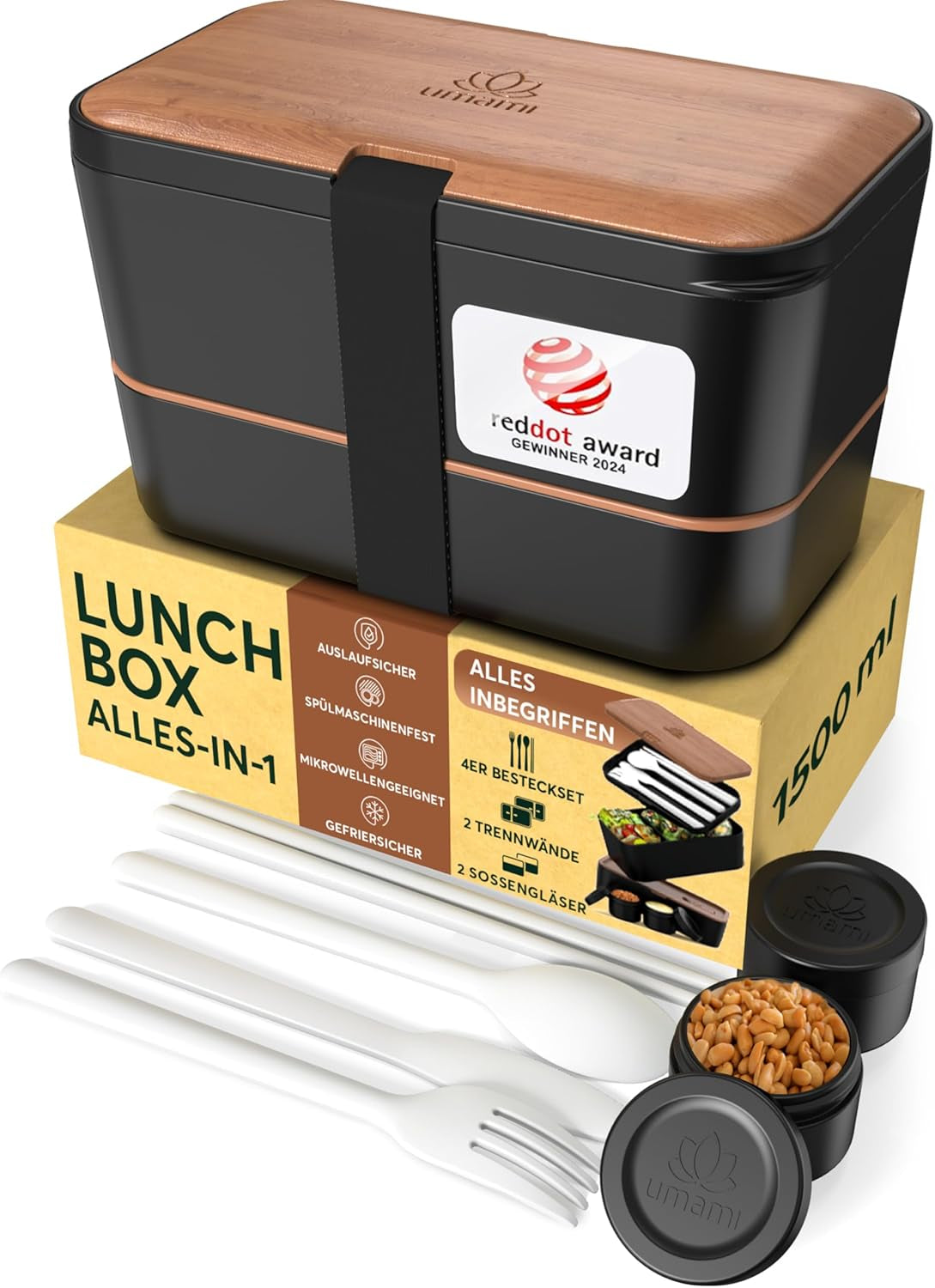 Umami Lunchbox för vuxna, läckagesäker stapelbar Bento-låda med 4 bestick och fack, Vuxen Lunchbox, To-Go-salladsbehållare, Picknick-/kontorslunchlåda, kolgrå, 1500 ml