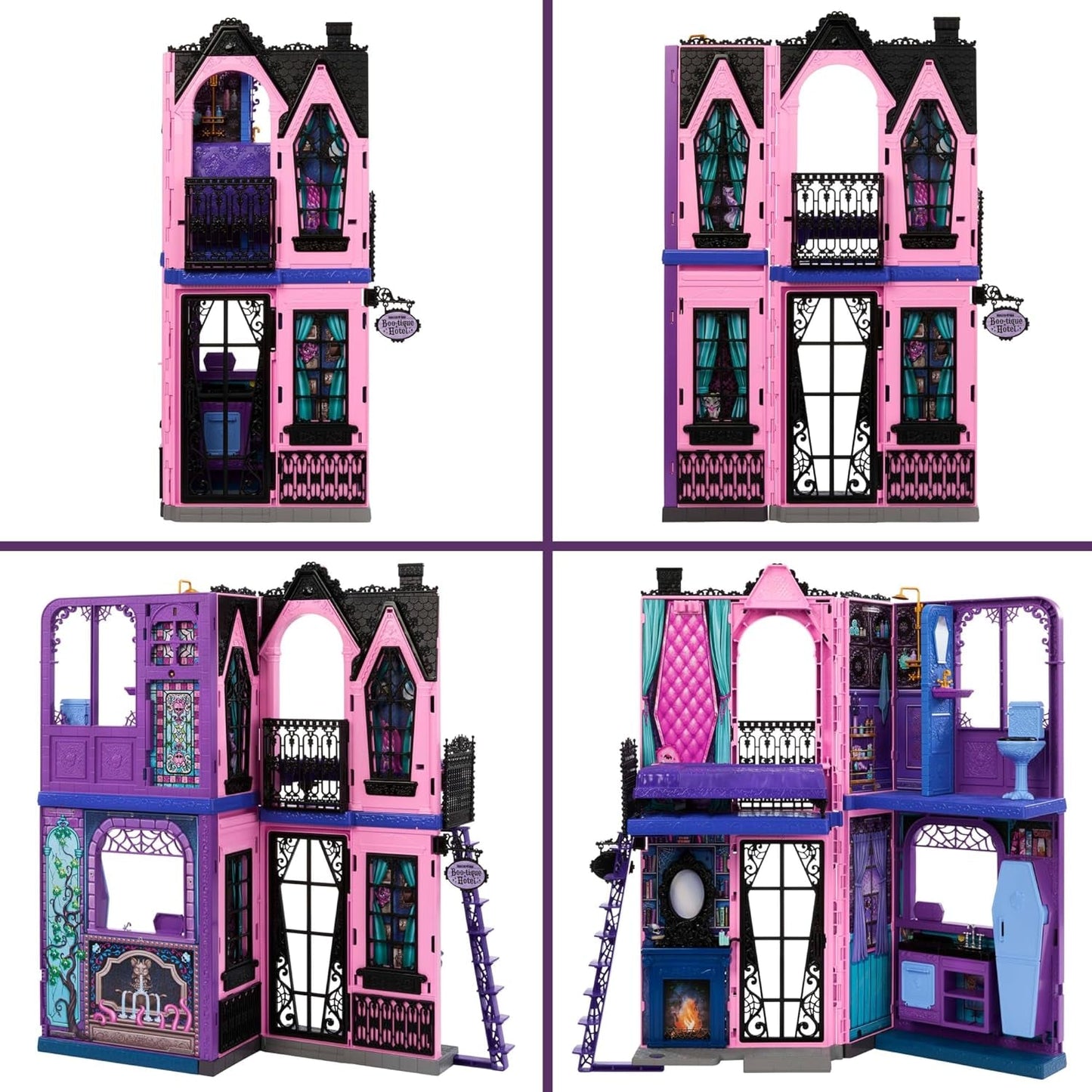 Monster High Buh-tique Hotel Dollhouse, hopfällbart lekset med läskiga överraskningar i varje rum och 13+ lekset, inklusive möbler och tillbehör, JBF16