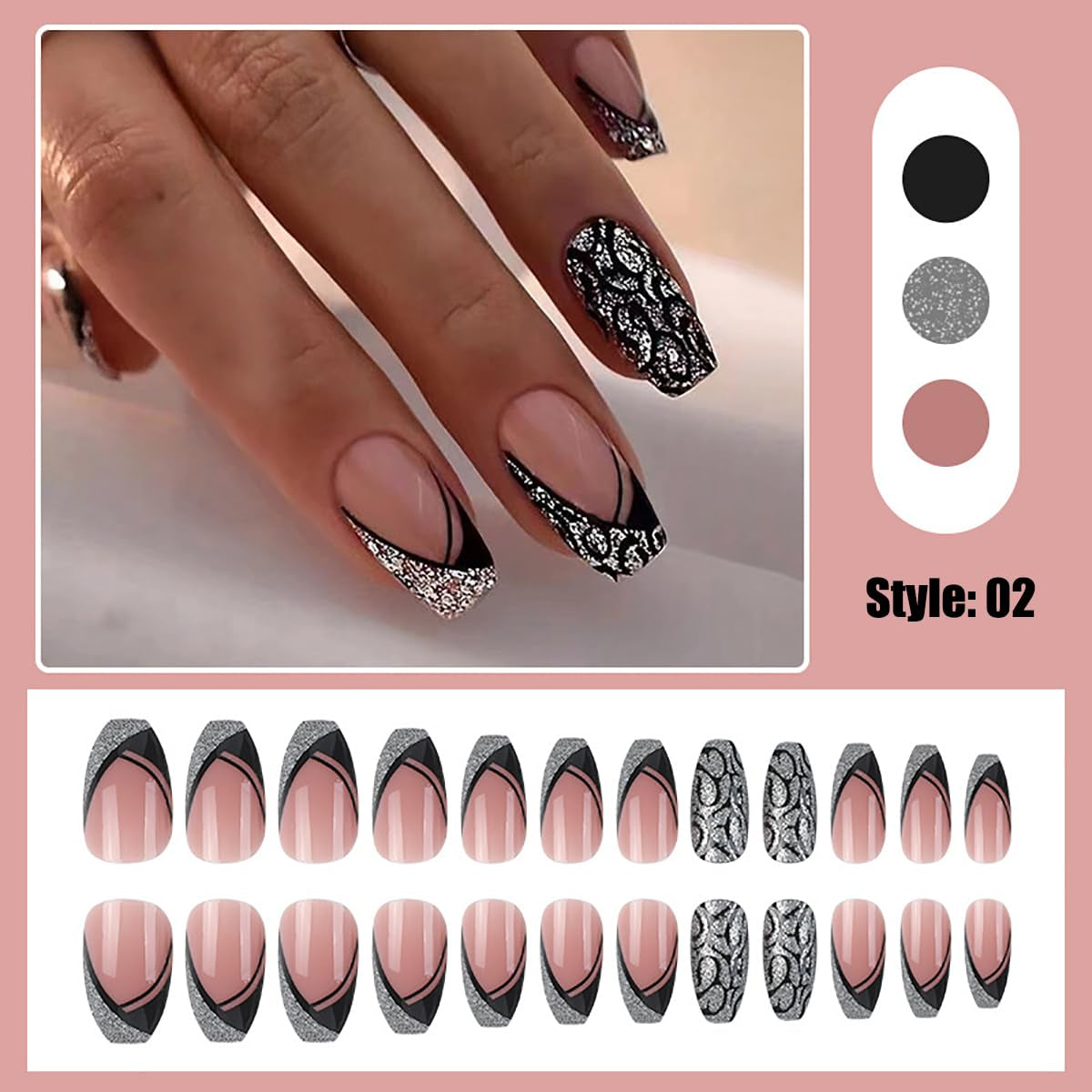 Konstgjorda naglar Naturligt Glitter Kort Press På Akryl Självhäftande Glitternaglar För Kvinnor Flickor Nail Art Accessoarer 48st