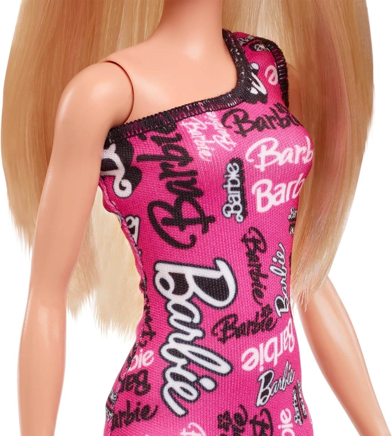 Barbie Modedocka med rakt blont hår i rosa One Shoulder Stretch-klänning och logotyptryckta skor HRH07 Naty Shop Dolls