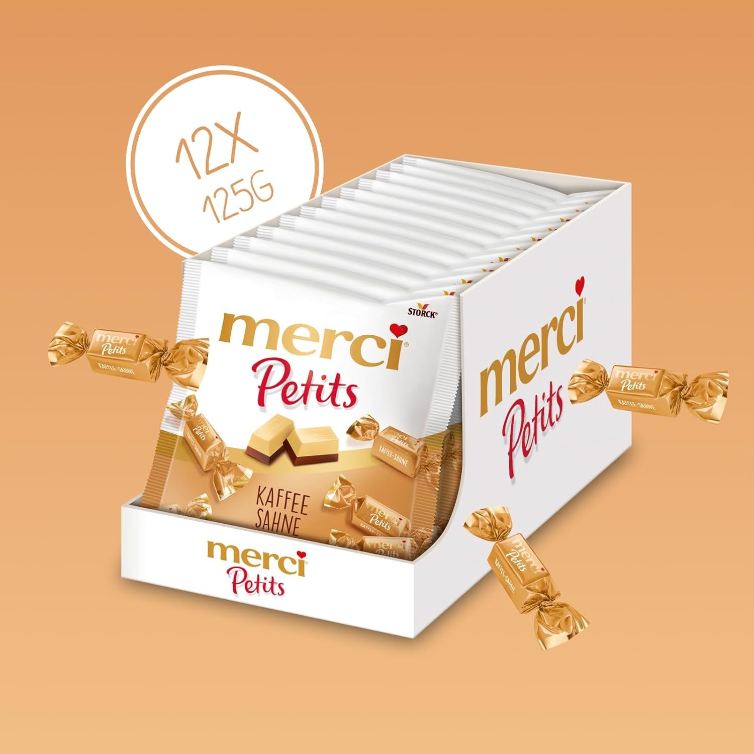 Merci Petits kaffegrädde - 12 x 125 g - Små vita chokladpraliner på fin choklad med kaffegrädde - individuellt inslagna chokladpraliner