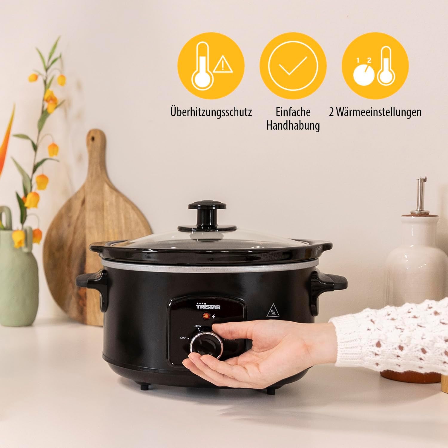 Tristar VS-3915 slowcooker, keramikgryta i rostfritt stål med 2 värmeinställningar och varmhållningsfunktion, 3,5 L Slow Cooker Naty Shop