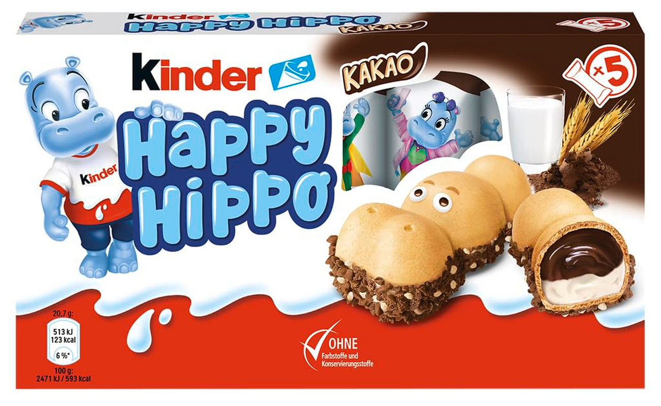 Kinder Happy Hippo Hasselnöt - Specialknäckiga rån med mjölk och hasselnötskräm - Karneval och Mardi Gras sötsaker - 1 förpackning innehållande 5 individuella barer på 20,7 g vardera
