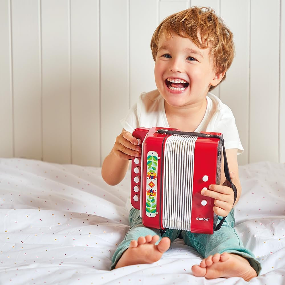Janod - Dragspel Gioia - Musikinstrument för barn - Rollspel och tidig musikalisk utbildning - Med rem - Från 3 år, J07654 Jucarii Bebe Naty Shop