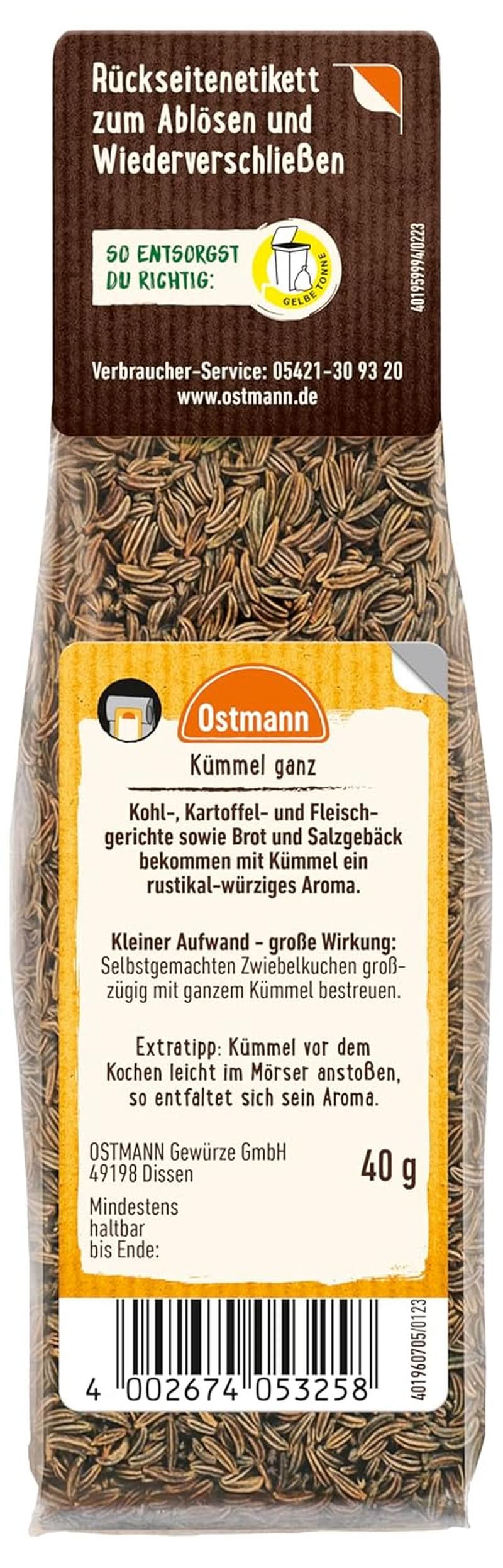 Ostmann - Hel spiskummin, för smaksättning av bröd och bakverk, 40 gram Condimente Naty Shop