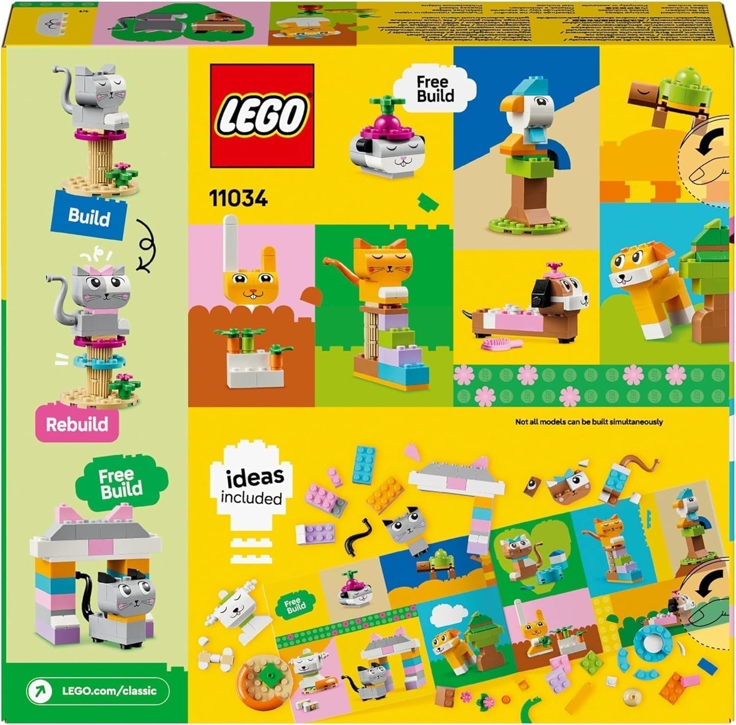 LEGO Classic Creative Animals, låda med färgglada klossar, bygg tegeldjursfigurer som hund, katt, kanin, hamster och fågel, byggleksak för pojkar och flickor från 5 år 11034 Byggset Besuche den LEGO-Store