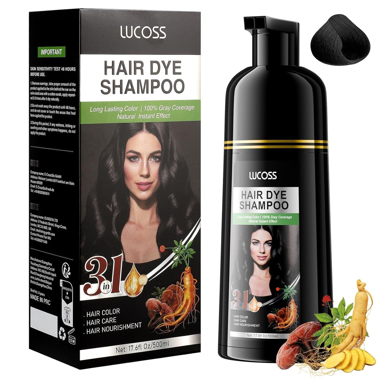 Instant Black Hair Shampoo, Natural Hair Dye Shampoo, 100 % grå täckning - Enkelt och snabbt, Semipermanent svart hårfärg, Hårfärgningsschampo för män och kvinnor Naty Shop Black Hair Dye