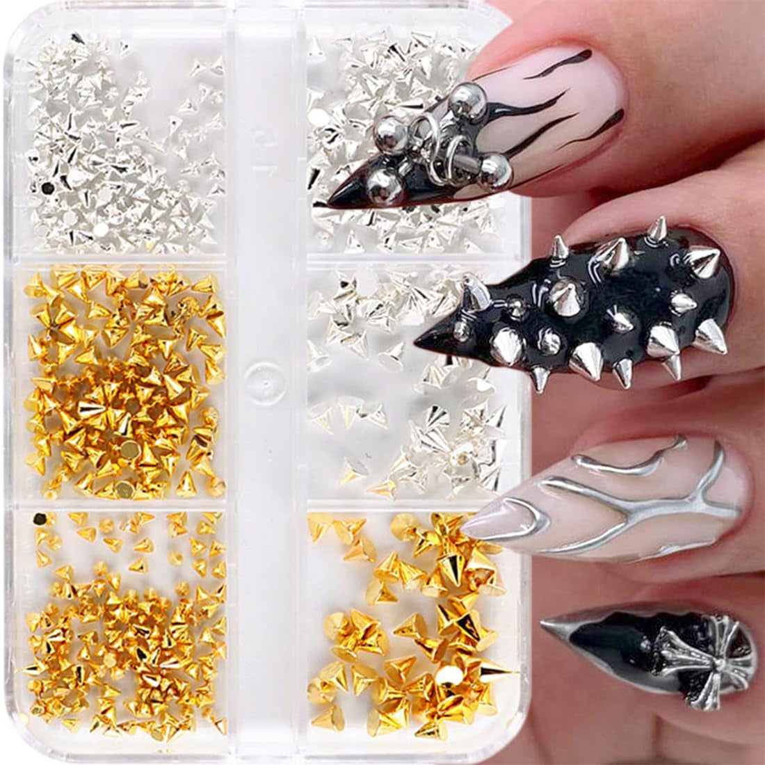 Mini Metall Nieten Punk Nail Charms Guld Silber Strasssteine ​​Nägel Charm Kegel Spikes Nagelschmuck Glitzersteine ​​Nail Art Studs Nagel Steine ​​Legierung Nagelanhänger Rhinestones Nageldesign Zubehör